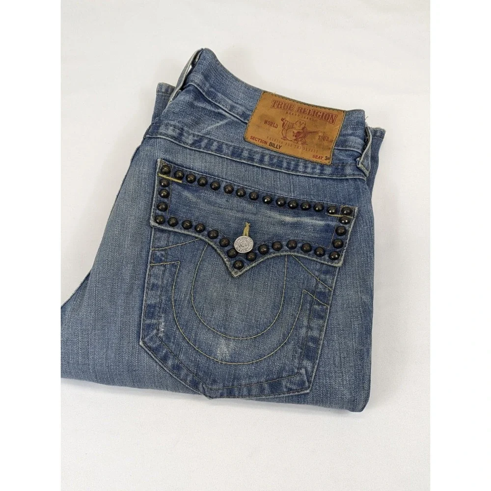 True Religion Billy Studded Distressed Bootcut Jeans Blue Mens 32x32 Made in USA